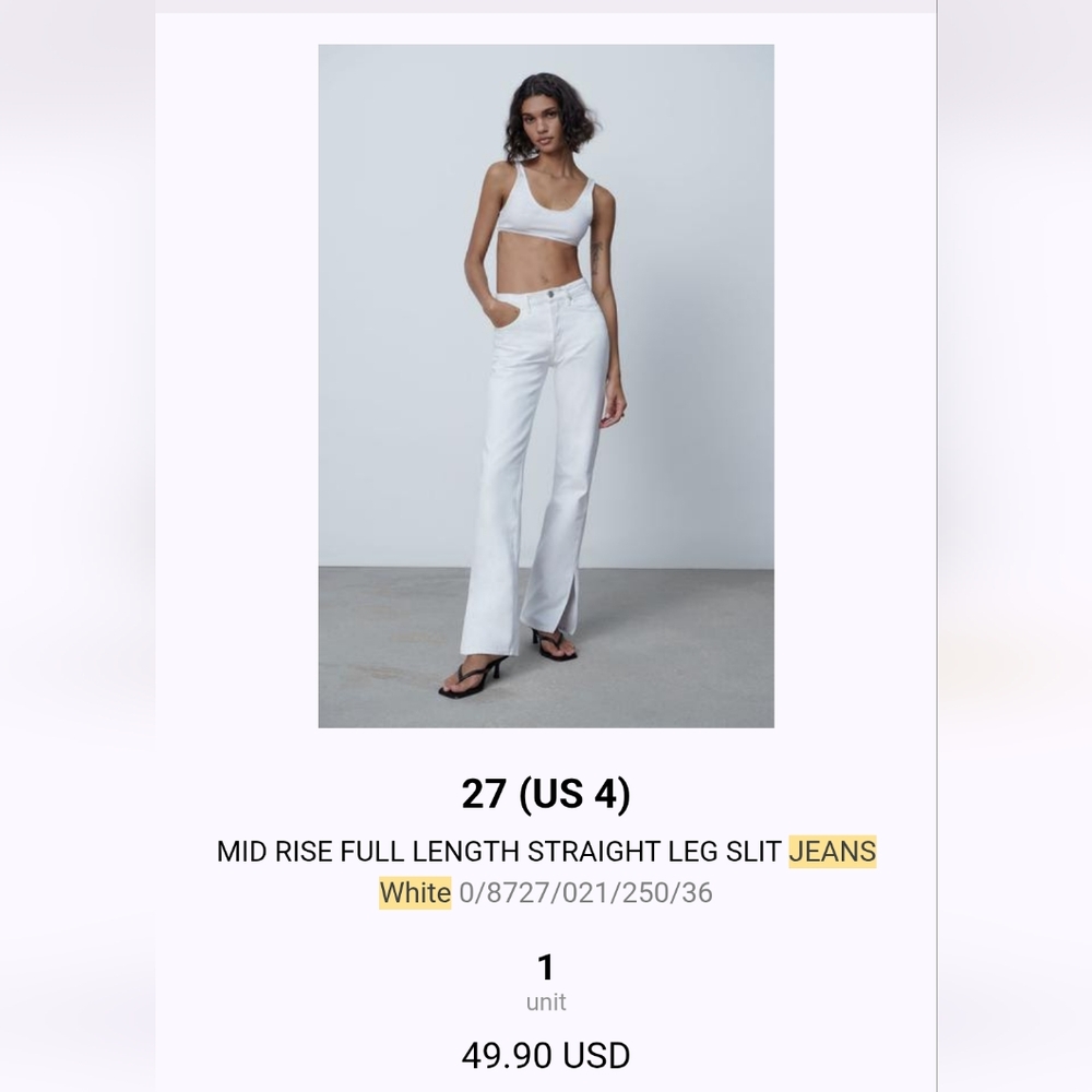 Zara MID RISE FULL LENGTH STRAIGHT LEG SLIT JEANS